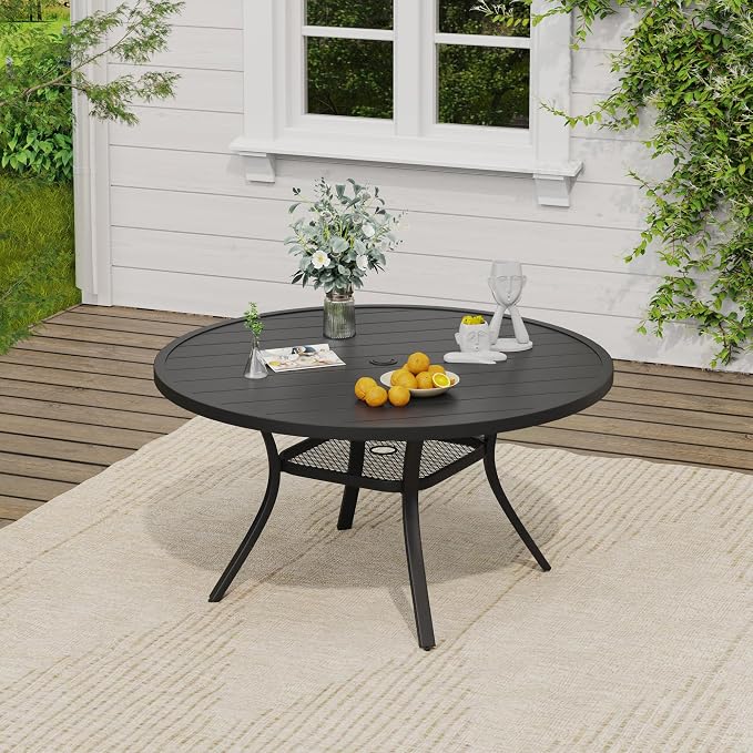 VICLLAX 7 Pieces Patio Dining Set, 6 Stakable Wicker Outdoor Chairs and 47" Patio Round Metal Table with Umbrella Hole for Backyard Lawn Deck, Black Tabletop