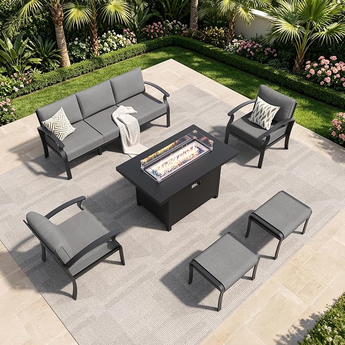 Aluminum Outdoor Patio Furniture Set,6 Pieces 5 Seats Metal Patio Sectional Furniture Set with 45" Propane Fire Pit Table,Patio Conversation Sets with 2 Ottomans,Grey