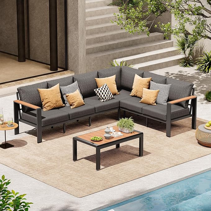 Aluminum Outdoor Patio Furniture Set 6 Seats, Outdoor Sectional Corner Sofa Set, Patio Conversation Sets with Washable Cushions & Coffee Table, Patio Furniture for Backyard, Porch, Graphite