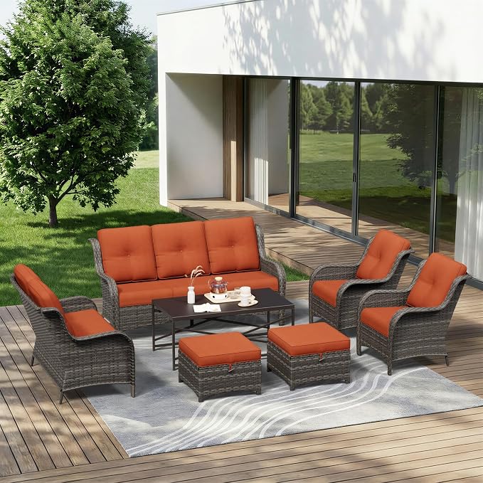 7 Piece Outdoor Wicker Patio Furniture Set, Patio Chairs Set with Thickened Olefin Cushions, High Back and Deep Seating, Hand-Woven PE Rattan, Ottoman for Porch, Deck