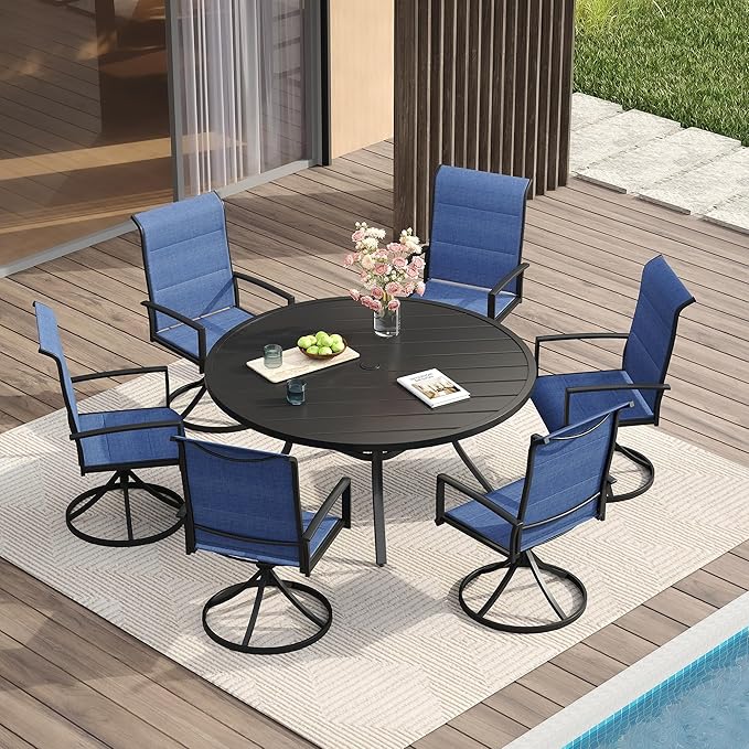 VICLLAX 7 Pieces Patio Dining Set for 6, All Weather Outdoor Furniture Set - 47.2" Round Patio Table and Swivel Padded Chairs, Black Tabletop and Blue Fabric