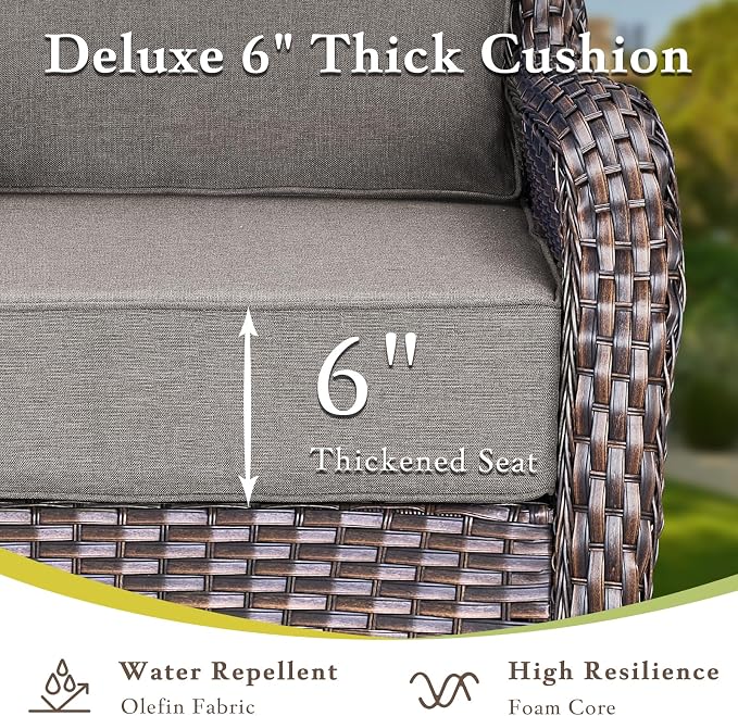 Luxury Outdoor Furniture Set with Swivel Chairs, High Back Swivel Patio Chairs with Ottoman, Side Table & 6-Inch Thick Cushions, Wicker Patio Furniture Set for Porch, Yard, Deck, Poolside, Brown/Grey