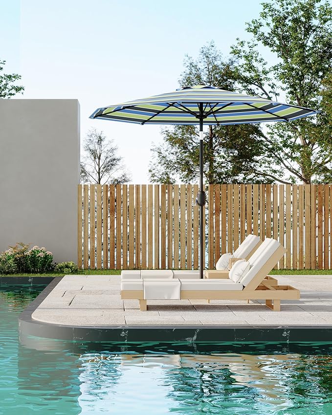 GarveeLife 9 ft Outdoor Patio Umbrella, Table Market Umbrella With Push Button Tilt and Crank, 8 Sturdy Ribs UV Protection Waterproof for Garden, Deck, Backyard, Pool (Yellow-blue-purple striped)