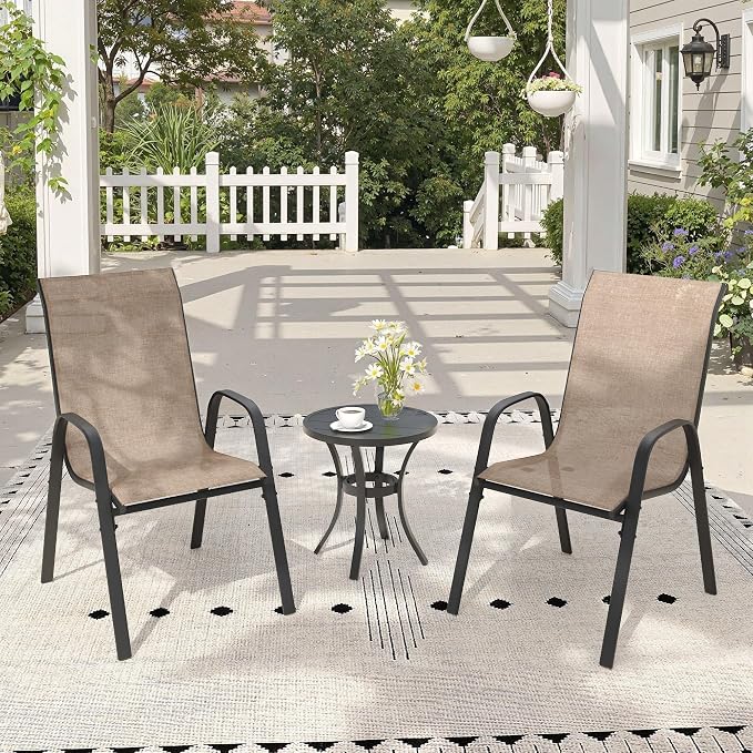 3 Pieces Small Outdoor Dining Set, 18.5" Round Outdoor Side Table & Stackable Patio Dining Chairs, Patio Table and Chairs Set for Deck Garden Porch, Brown Chairs & Black Table