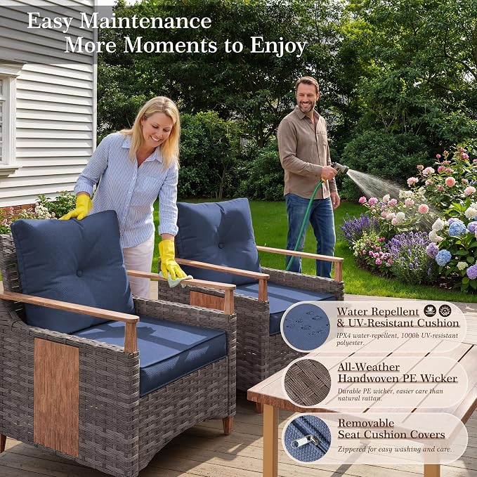 NestNook 4 Pieces Patio Furniture Set, Outdoor Conversation Set with All-Weather Handwoven PE Wicker Sofa, Rattan Chairs and Thick Cushion, Loveseat & Coffee Table for Backyard, Deck & Poolside, Blue
