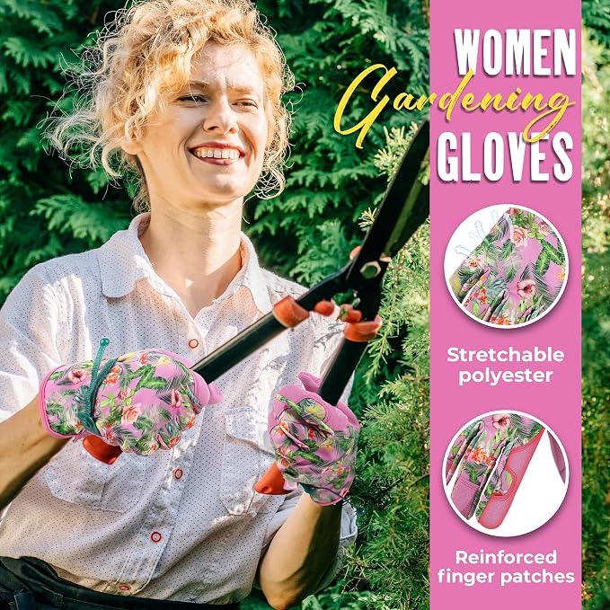 HANDLANDY Gardening Gloves for Women, Leather Garden Glove, Gardener Gift | Breathable Floral Ladies Leather Garden Yard Gloves, for Trimming, Weeding, Digging, Planting, Pruning