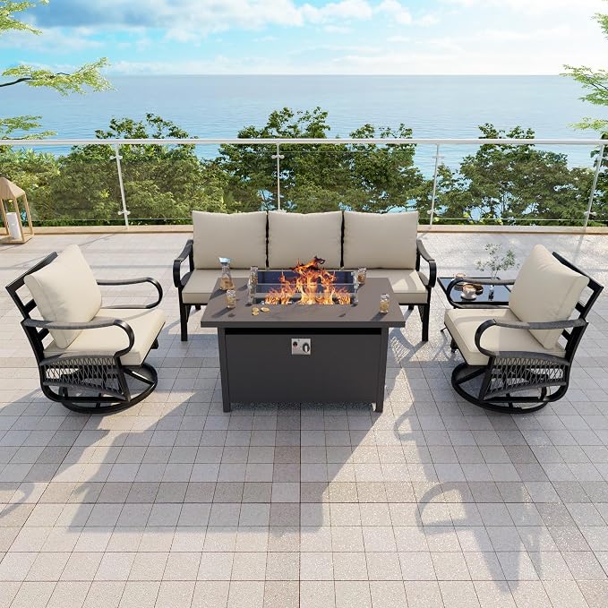 5-Piece Outdoor Furniture Set, Metal Swivel Rocking Chairs with All-Weather Cushions, Rope Patio Conversation Set with Fire Pit Table for Deck, Porch, Garden, Backyard, Poolside (Beige Cushion)