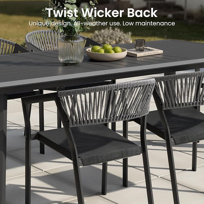 13-Piece Aluminum Outdoor Patio Dining Set with 12 Stackable Wicker Chairs | 116" Rectangular Outdoor Dining Table Weather Resistant Grey Barrel Chairs for Backyard, Deck, Poolside