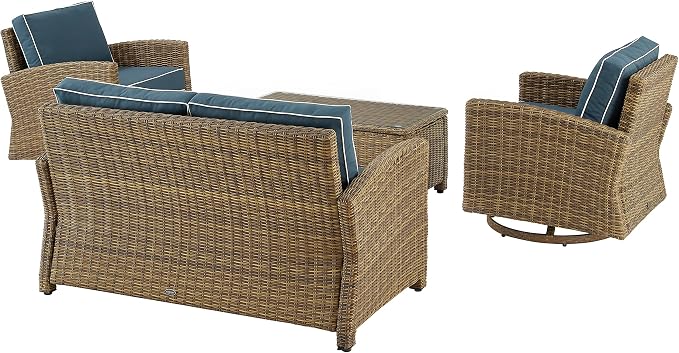 Crosley Furniture Bradenton 4-Piece Wicker Outdoor Loveseat and Swivel Rocker Patio Furniture Set for Porch, Brown with Navy Cushions
