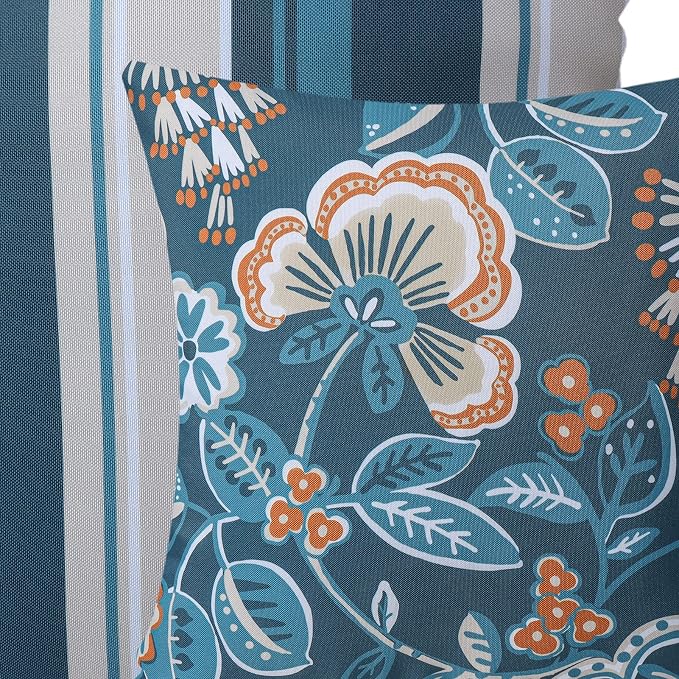 Phantoscope Pack of 2 Outdoor Indoor Throw Decorative Pillow Cover Floral Striped Waterproof Patio Pillows Cushion Case for Couch Tent Park, Dark Blue 20 x 20 Inches