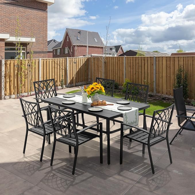 NUU GARDEN 7 Piece Outdoor Dining Set, 61” Rectangular Metal Dining Table with Umbrella Hole, Stackable Dining Chairs for Backyard, Deck, Yard, Garden, Black