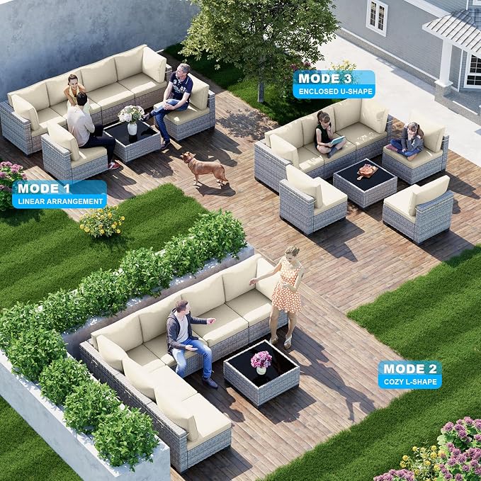 7-Piece Patio Furniture Set, Outdoor Sectional with Thick Cushions, Modular Patio Sofa, Dual-Strand Wicker Rattan, Rust-Resistant Frame, Backyard Furniture for Garden, Deck, Ivory