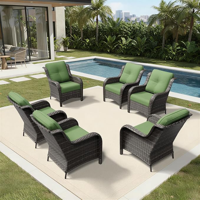 Joyside 6 Piece Wicker Patio Furniture Set, Rattan Patio Chairs with High Back, Deep Seating, Wide Armrest, Thickened Cushions, Outdoor Furniture for Deck, Porch Use
