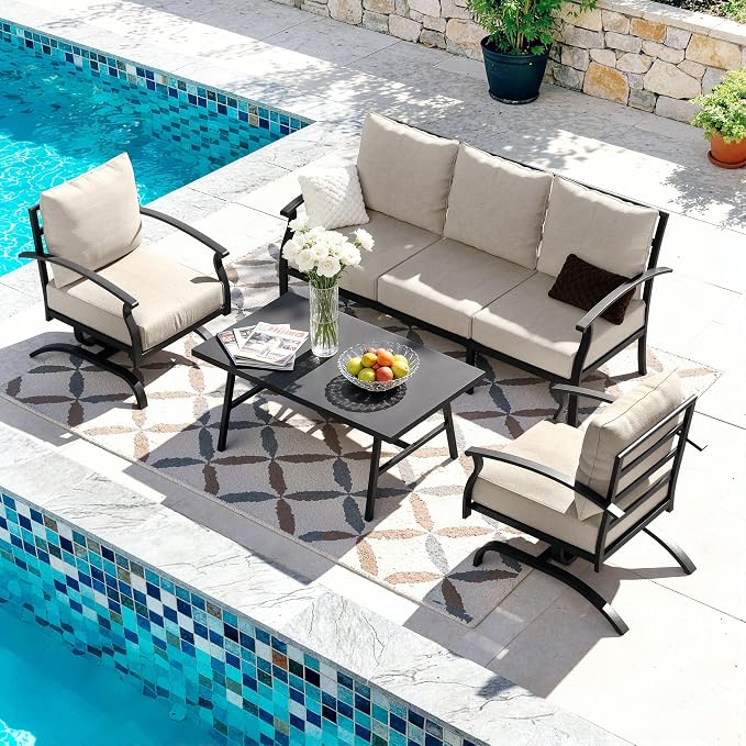 Kullavik Patio Furniture Set,2 Piece Metal Outdoor Patio Furniture Set,All Weather Modern Patio Conversation Sets w/3 Seater Sofa and Coffee Table for Balcony Deck,Sand