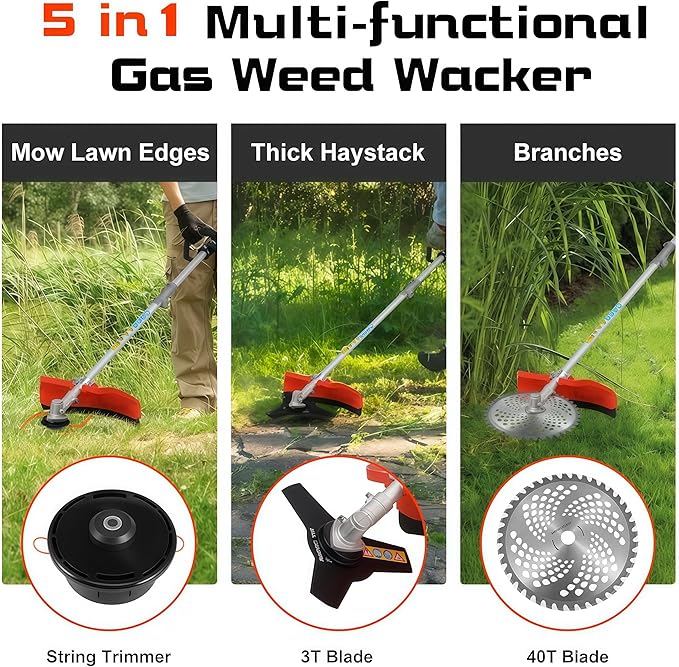 5 in 1 Gas Weed Eater - 52cc 2-Stroke Multi-Functional Hedge Trimmer Pruners Gas Powered Brush Cutter, Pole Saw Chainsaw, Handheld Weed Wacker for Garden and Yard Lawn Orange