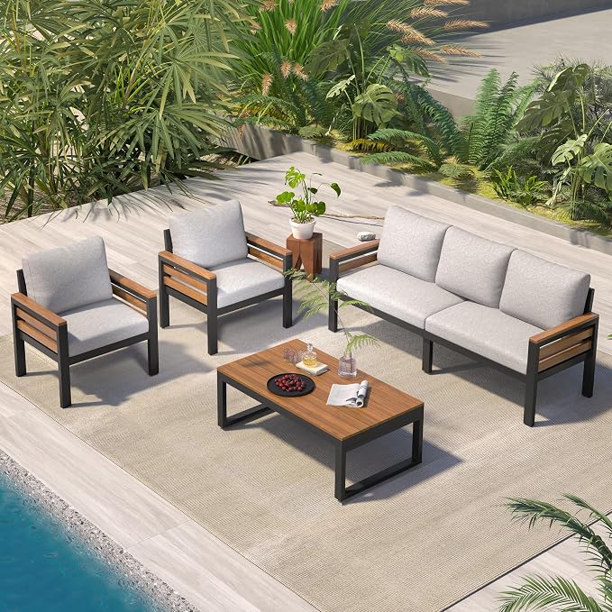 VilroCaz 4-Piece Outdoor Patio Furniture Sectional Sofa Set with Acacia Wood Armrests, All-Weather Conversation Set with Removable Cushion and Solid Wood Coffee Table for Garden Backyard (Beige-TH)