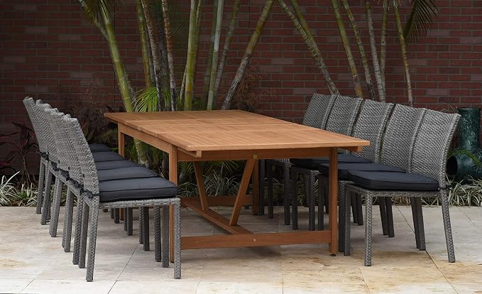 Amazonia Jefferson 11-Piece Patio Extendable Dining Table Set | Teak Finish & Light Grey Wicker Chairs with Cushion | Ideal for Outdoors and Indoors