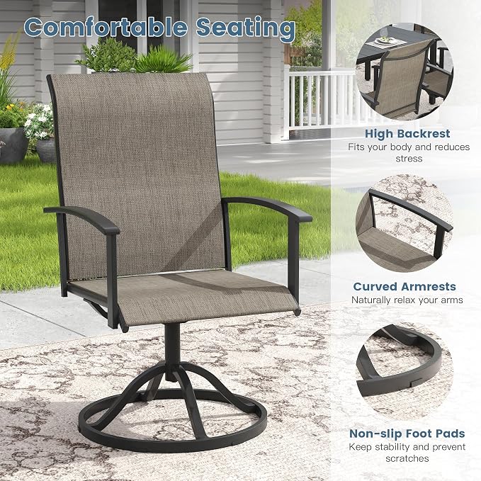 DIFY 9 Pieces Outdoor Dining Set, Metal Patio Table and Chairs Set for 8 with Umbrella Hole, 63" Black Round Table and Brown Textilene Swivel Patio Chairs for Garden, Backyard, Poolside