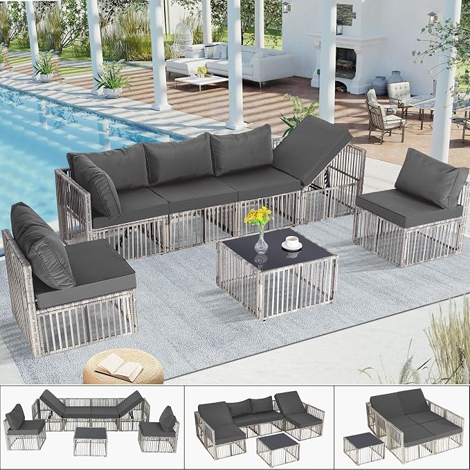 FHFO 7 Piece Outdoor Wicker Patio Furniture Set, Grey/Dark Grey | Sectional Sofa | All-Weather Hand-Woven Rattan | Tempered Glass Coffee Table | Adjustable Backrest | Indoor & Outdoor Use