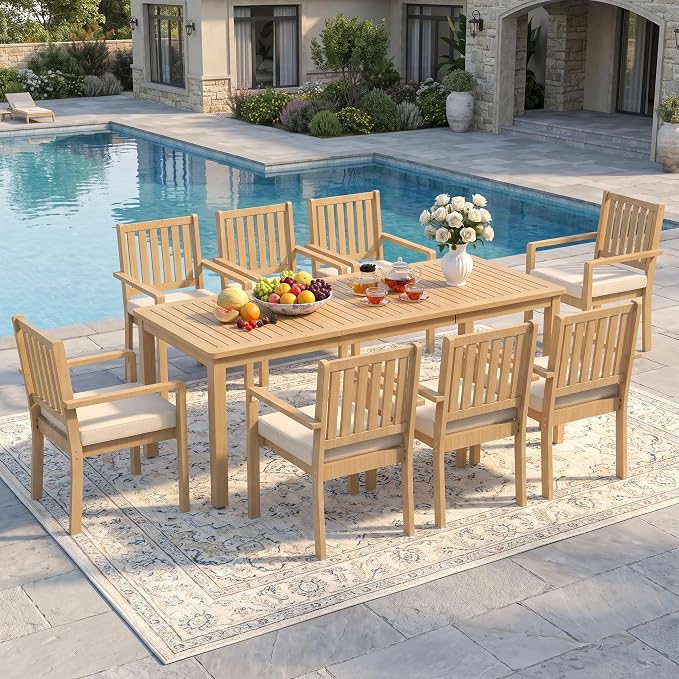 Wisteria Lane 9 Pieces Acacia Outdoor Patio Table and Chairs Set for 8, Patio Outdoor Dining Table Set with Cushion, Modern Outdoor Patio Set for Deck Lawn Backyard Garden, Beige