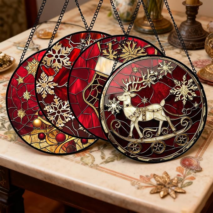 DASTOLL Stained Glass Window Hanging 4 Pcs Set Red Christmas Elk Snowflakes 7.8" - Deer Suncatcher Door Garden Sun Catcher Decor Birthday for Mom Woman Nana Men Friend