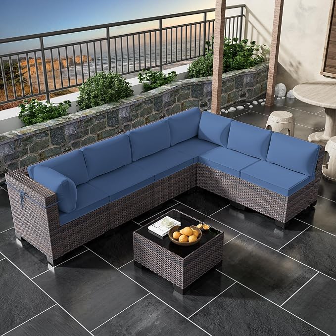 7 Pieces Outdoor Patio Furniture Set,Outdoor Sectional Furniture All Weather PE Rattan Wicker Patio Conversation Set with Coffee Table and 6 Thickened Cushions,Navy Blue
