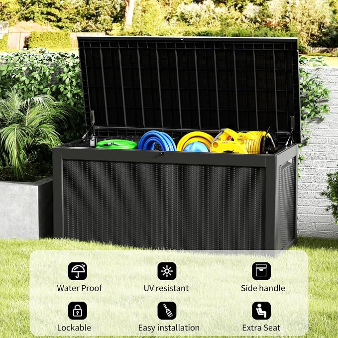 Outdoor Storage Box, 320 Gallon Lockable Resin Deck Box Large Waterproof, Patio Storage Bin for Furniture Cushion, Garden Tools and Pool Accessories, UV-Resistant Bench for Outside, Black