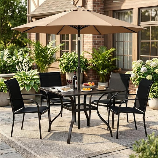 Crownland 5 Piece Patio Dining Set, Textilene Dining Sets, 4 Textilene Metal Chairs and Square Outdoor Dining Table with Khaki 9FT Round Outdoor Umbrella (Black)