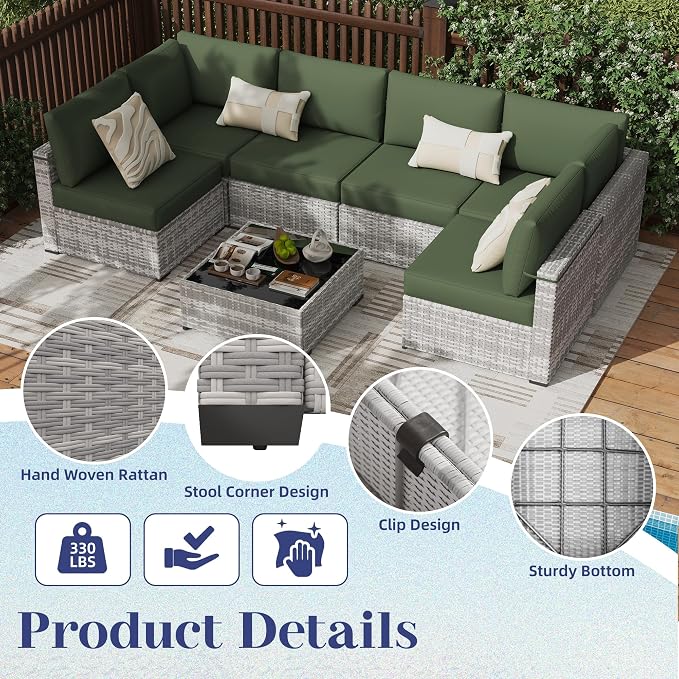 KIGOTY Patio Furniture Set,7 Pieces Modular Outdoor Sectional Sofa, PE Rattan Patio Conversation Set, All Weather Wicker Patio Furniture with Cushions and Coffee Table（Grey White/Green）