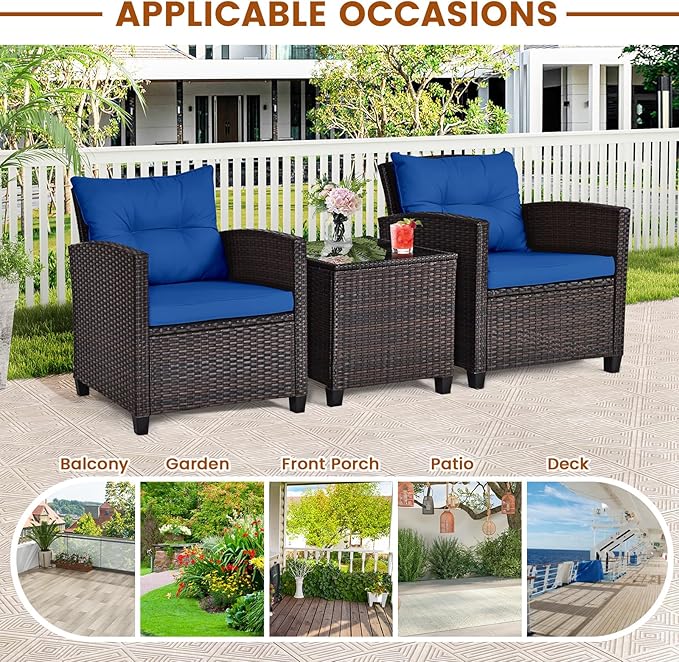 3-Pieces Patio Furniture Set, PE Wicker Chairs Sofa Set with Removable Cushions & Glass Top Side Table, Outdoor Wicker Rattan Conversation Chair for Porch,Backyard, Balcony (Navy Blue)