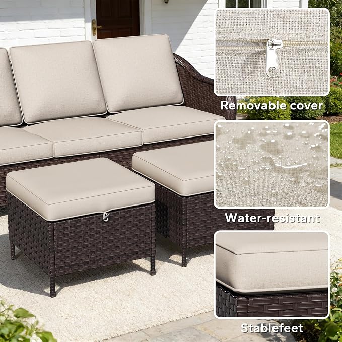 4 Piece Patio Wicker Conversation Set, 2 All-Weather Use Outdoor Wicker Chairs with 2 PE Rattan Ottomans,Ideal for Porch, Backyard, Balcony, Poolside, Beige
