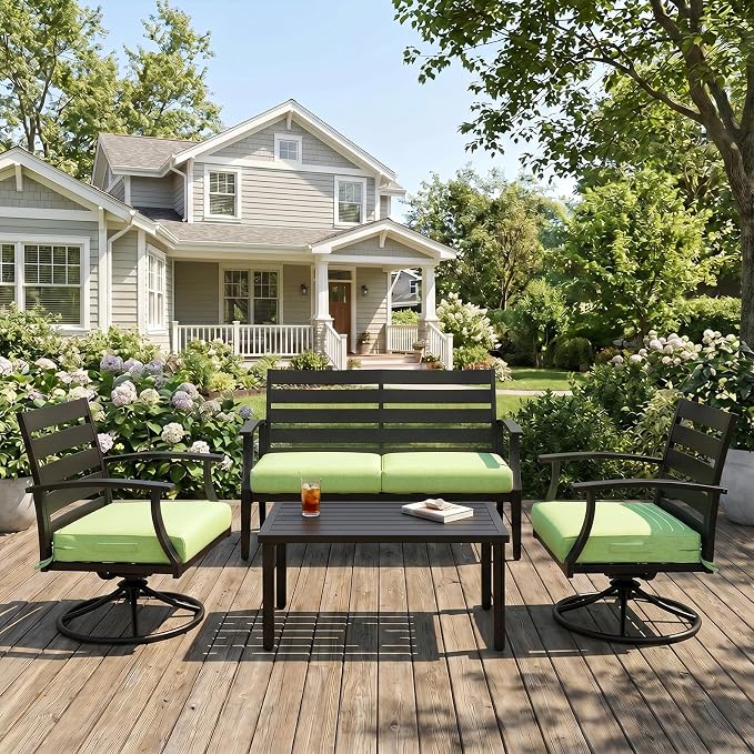 Aoodor Patio Chair Cushions Set of 4, 24 x 24 x 4 Inch Water Resistant Outdoor Seat Cushions with Handle and Ties, Square Corner Cushions for Patio Furniture Garden Lawn, Green