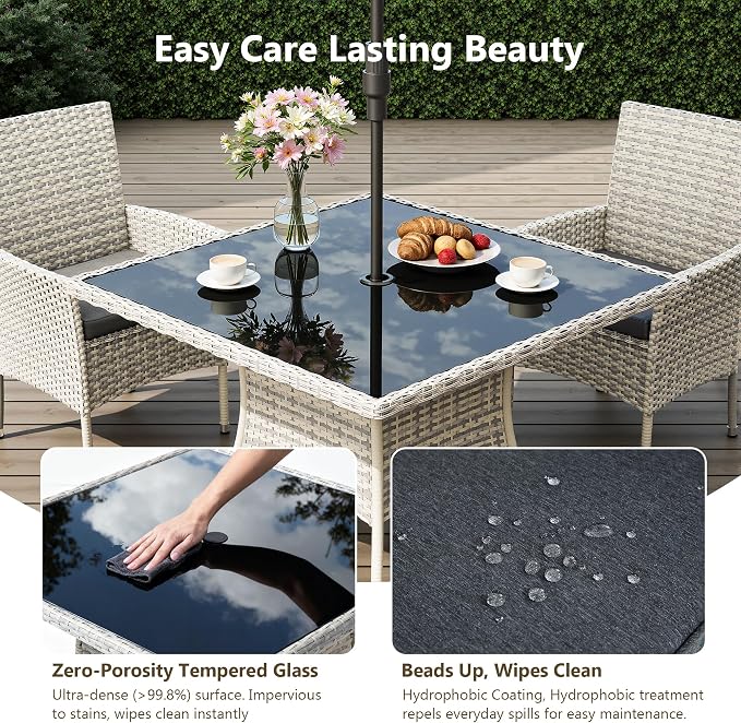 Outdoor Dining Set, 10-Piece Patio Furniture Set with Tempered Glass Table and 8 Cushioned Chairs, Dual-Strand Wicker Rattan, Balcony Furniture for Backyard, Garden, Deck,– Black