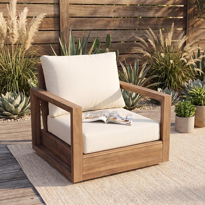 Christopher Knight Home 3-Piece Patio Swivel Chair Set with Side Table, Acacia Wood Outdoor Swivel Rocking Chairs with Cushions, Deep Seating Patio Chair & End Table for Porch Deck Garden, Brown+Beige