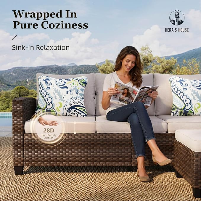 HERA'S HOUSE Swivel Glider Patio Furniture Set with Fire Pit Table, 9 Pieces Outdoor Seating Furniture Wicker Conversation Sets for Deck Backyard Lawn, Beige