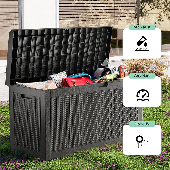 ROJIK Outdoor Storage Box, 70 Gallon Waterproof Deck Box, Weatherproof Resin Outside Storage Bin for Patio Furniture, Garden Tools, Pool Accessories, Cushion, Black
