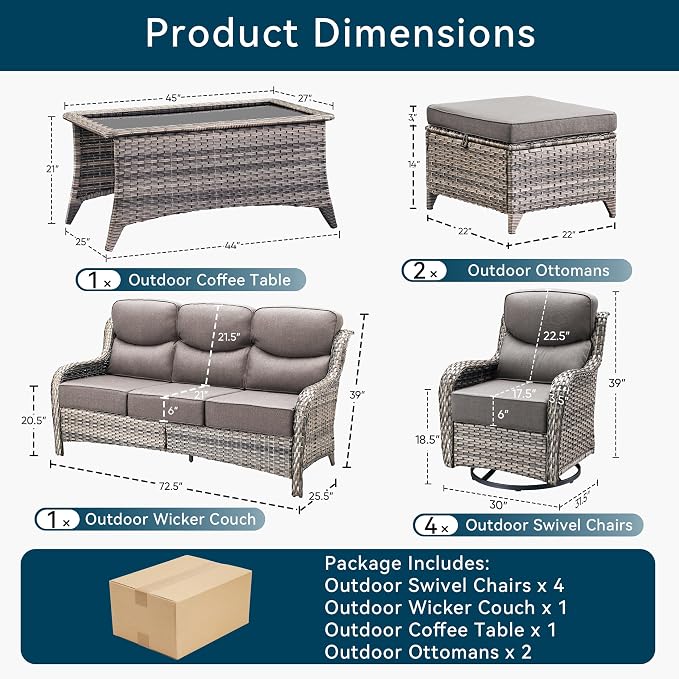 Luxury High Back Outdoor Furniture with 6-Inch Thick Cushions, Patio Furniture Set with Swivel Chairs, 8 PCS Wicker Conversation Set for Porch, Balcony, Deck and Yard