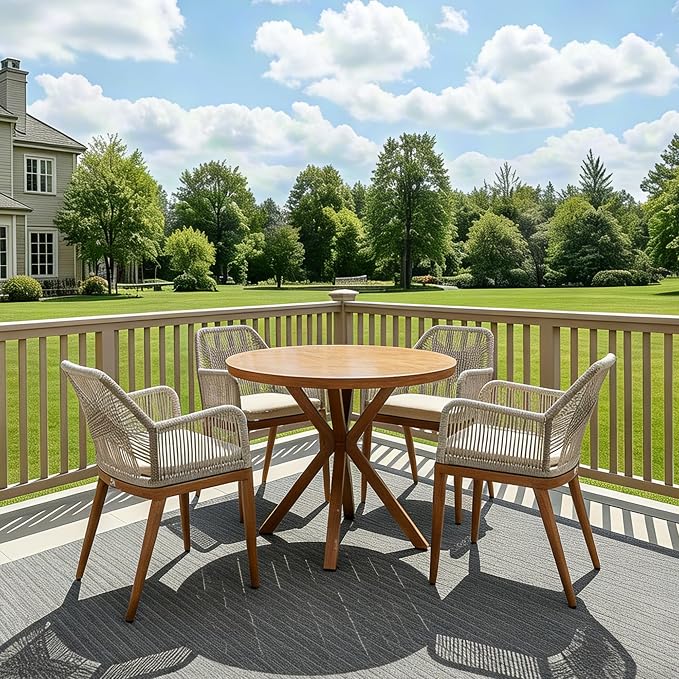PURPLE LEAF 5 Pieces Patio Round Dining Set Aluminum Round Table and Rattan Arm Chairs with Cushions for Kitchen Porch Garden Modern Outdoor Furniture Sets