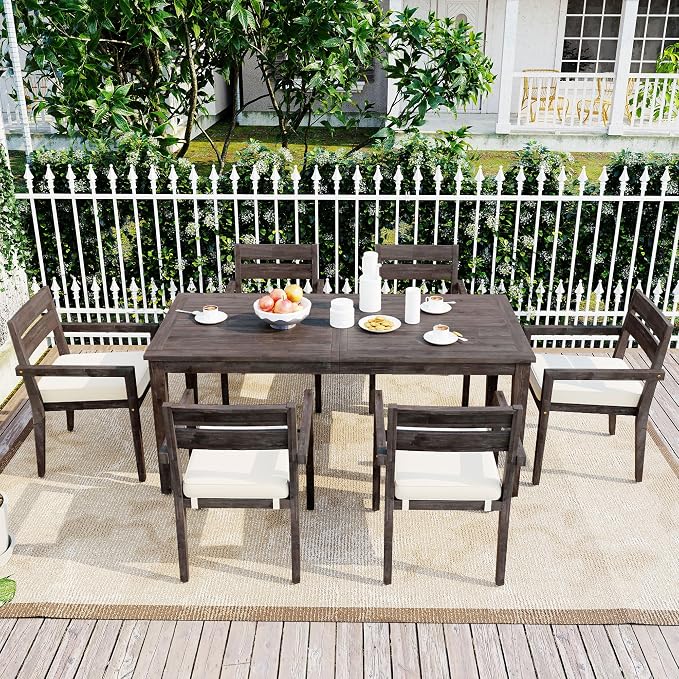 RUNNA 7-Piece Outdoor Patio Dining Set,Acacia Wood Outdoor Dining Table and Chairs Set with Armrest Chairs with Cushions for Patio, Balcony Or Backyard (Grey/Acacia Wood)