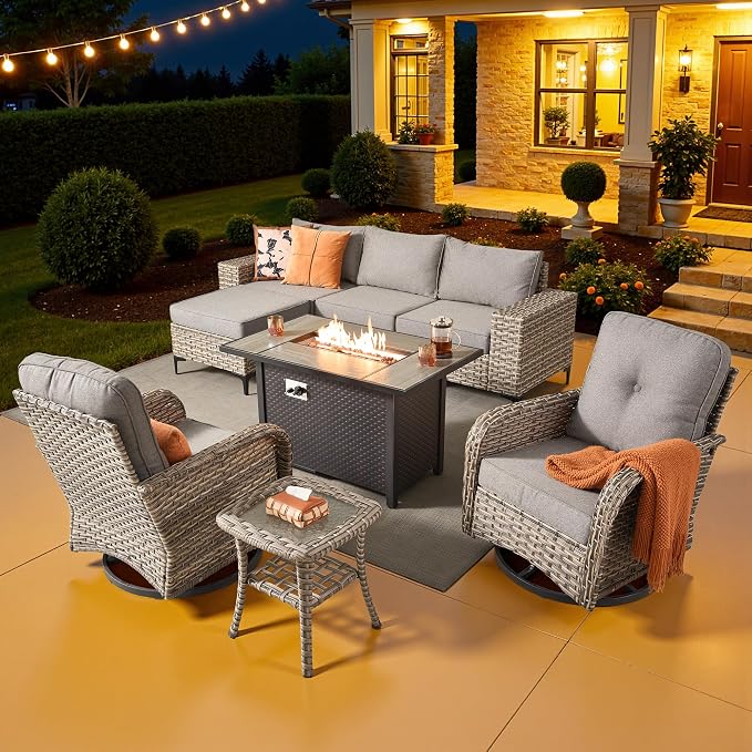 8 Pcs Patio Outdoor Furniture Set - All Weather Wicker Outdoor Sectional Sofa Couch with Swivel Fire Pit Table and Rocking Chairs e,Patio Rattan Conversation Set for Garden Deck Yard,Dark Grey