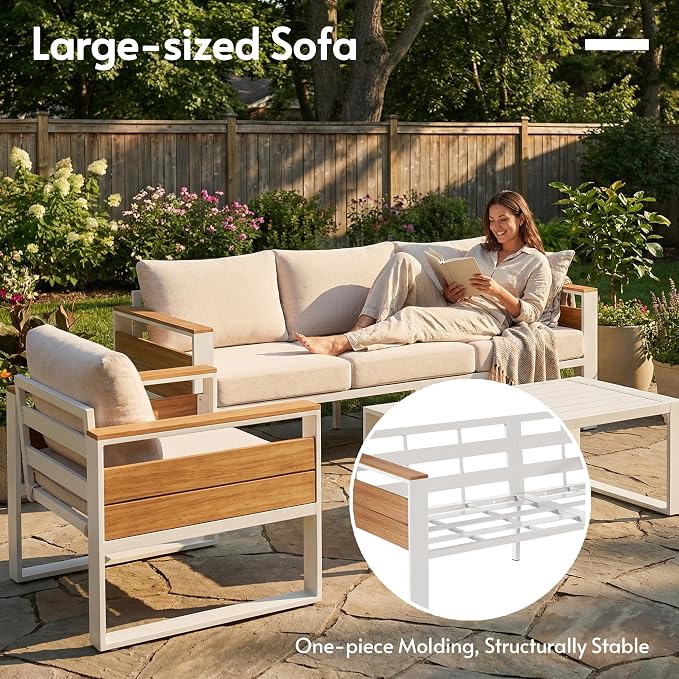 ENSTVER Aluminum Patio Furniture Sets, 5-Seat Outdoor Sofa with Premium Olefin Fabric Cushions & Zero-Maintenance Frame, Patio Sectional Conversation Set for Poolside, Garden