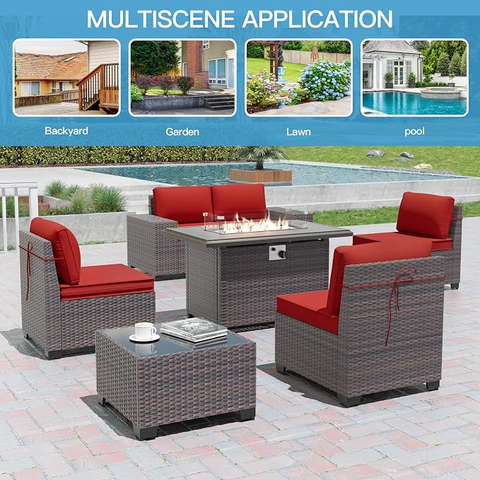 7 Pieces Outdoor Patio Furniture Set with 43"/55000BTU Gas Fire Pit Table,PE Rattan Wicker Outdoor Conversation Sofa Set Non-Slip Cushions Waterproof Covers for Backyard,Poolside,Garden,Red