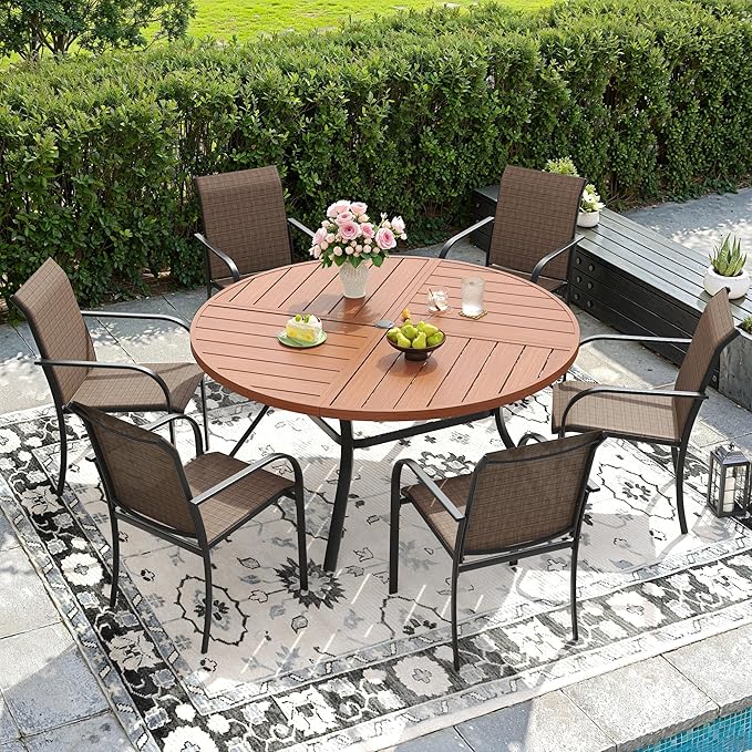 DIFY 7 Pieces Outdoor Patio Dining Set for 6, 50" Walnut Round Metal Dining Table and 6 Brown Stackable Textilene Patio Chairs, Outdoor Table and Chairs for Backyard Garden Poolside