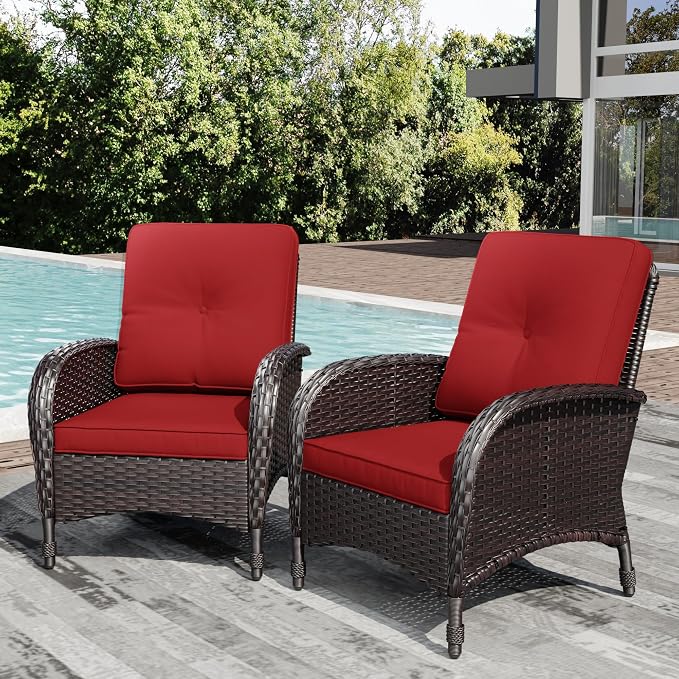 Joyside Wicker Patio Chairs Set of 2, Rattan Outdoor Furniture with Thickened Cushions, High Back, Deep Seating, Wide Armrest, Outdoor Chairs for Porch, Deck