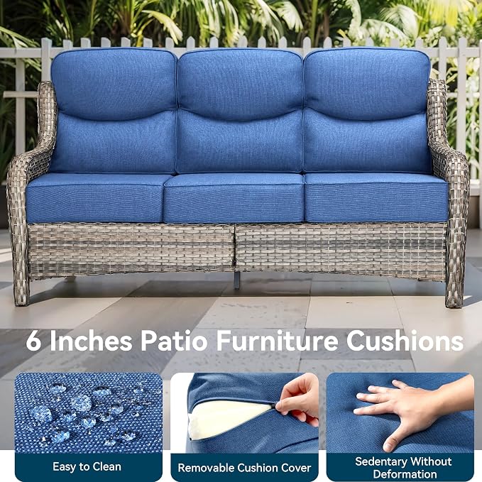 Luxury High Back Outdoor Furniture with 6-Inch Thick Cushions, Patio Furniture Set with Swivel Chairs, 6 PCS Wicker Conversation Set for Porch, Balcony, Deck and Yard