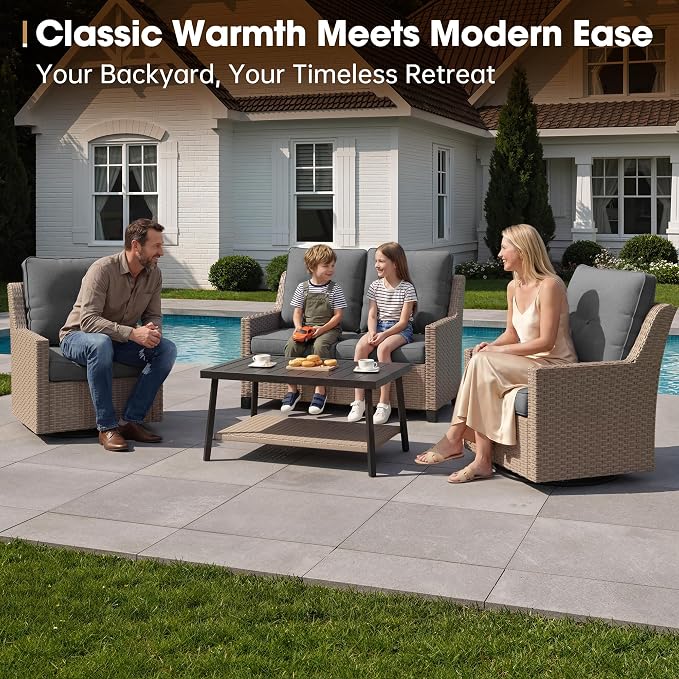 NestNook 4 Piece Patio Furniture Set, Outdoor Swivel Glider Chairs Set of 2 with Loveseat and Coffee Table Wicker Patio Conversation Set for Backyard Balcony & Poolside（Dark Grey）