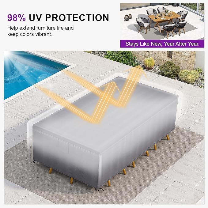 PURPLE LEAF 11 Pieces Patio Dining Set with Waterproof Furniture Cover Rectangular Table and Chairs Set for Garden Deck Aluminum Frame Backyard Kitchen Set, Cushions and Pillows Included Grey