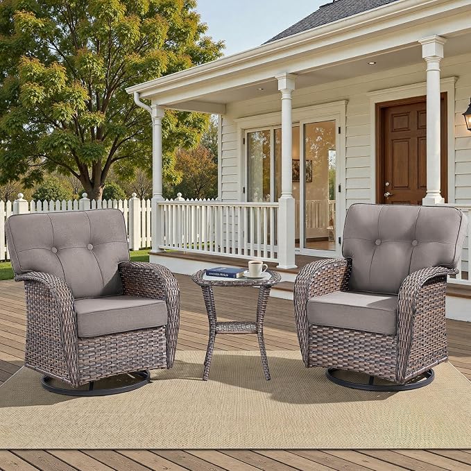 3-Piece Wicker Patio Furniture Set with 5-Inch Thick Cushions Weather Resistant Rattan High Back Swivel Rocker Chairs Senior Friendly Conversation Set for Small Porch Deck Sunroom Brown/Grey