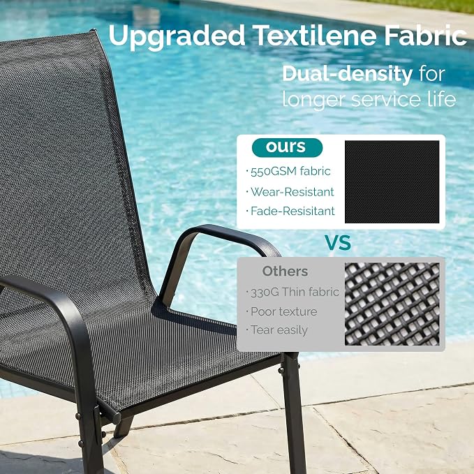 MAMIZO 7 Pieces Patio Dining Set for 6, Outdoor Table and Chairs w/Rectangle Glass Table and 6 Textilene Stackable Chairs, Patio Furniture Set w/1.69" Umbrella Hole (Black Table & Black Chair)