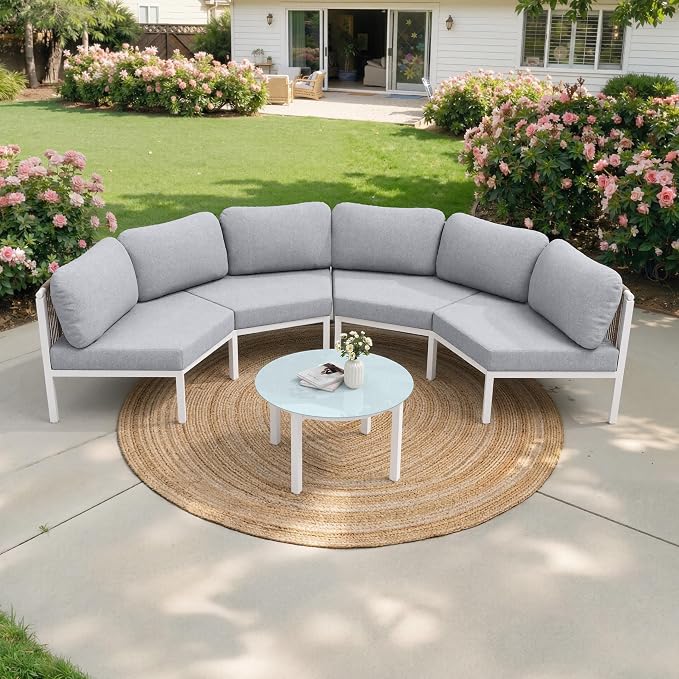 Crestlive Products Curved Patio Furniture Set, Modular Half Moon 2-Seater Sofa, Aluminum Outdoor Sectional with 5-Inch Water-Resistant Cushions, All Weather Couch for Backyard, Deck, Porch, Poolside